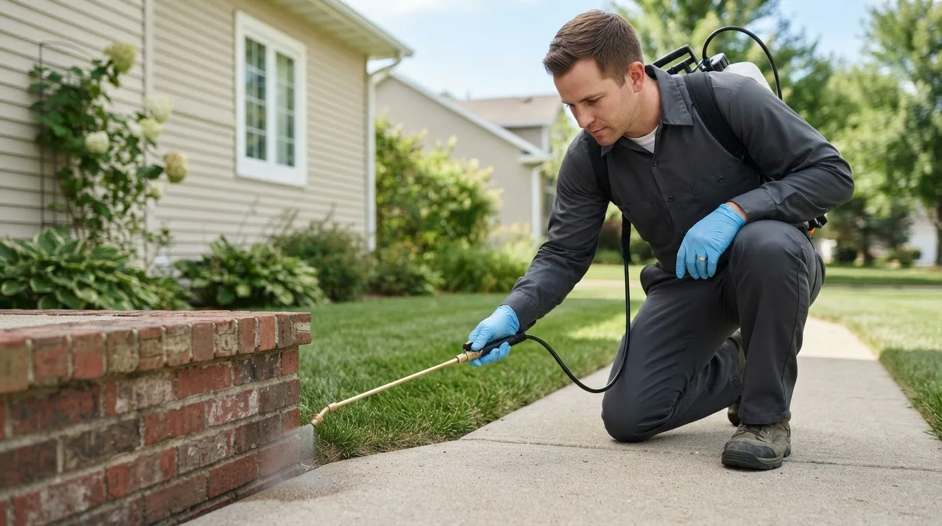 Pest control technician treating a home near Kelford, NC