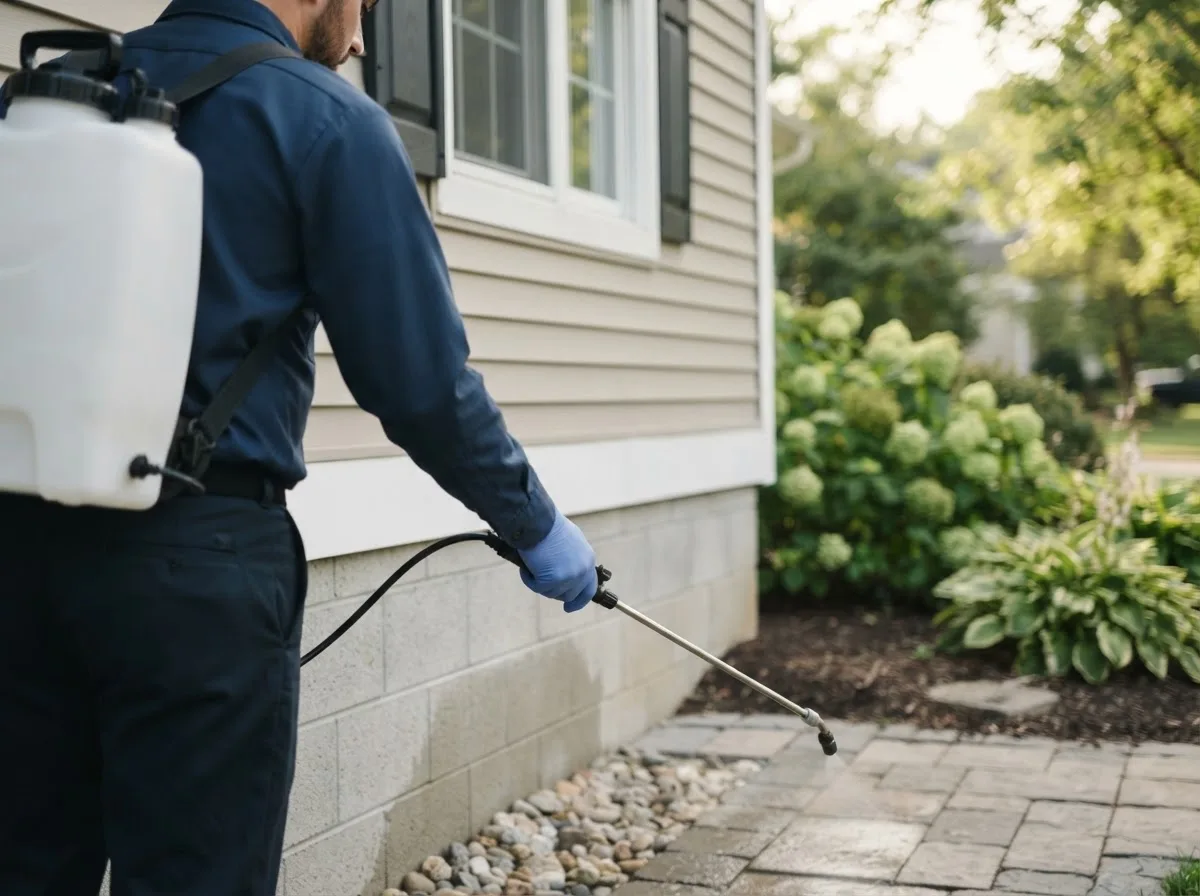 Pest control technician inspecting a home in Kelford, NC